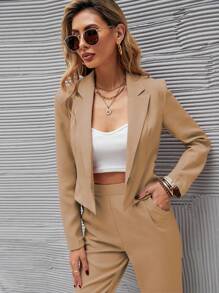 Chiquease 卡其色短款西装外套和前褶口袋裤套装 - 卡其色 - 查看 3