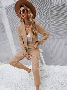 Chiquease 卡其色短款西装外套和前褶口袋裤套装 - 卡其色 - 查看 5