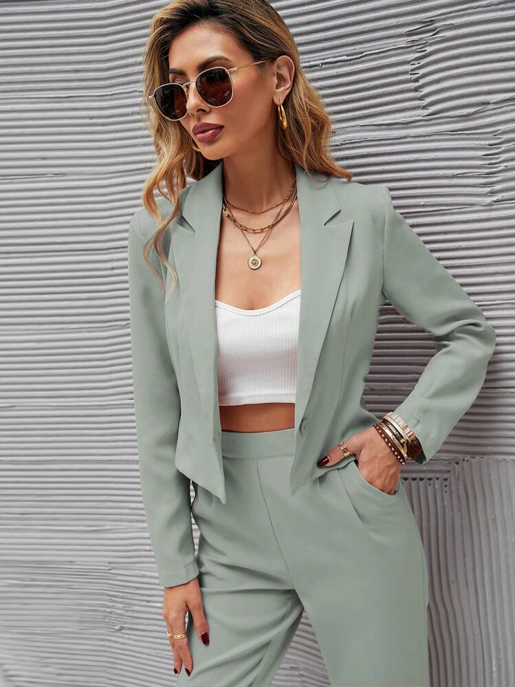 Chiquease Ladies" Mint Green Short Blazer And Front Pleated Trouser Suit With Pockets Fall Cloth For Women - Mint Green - View 3
