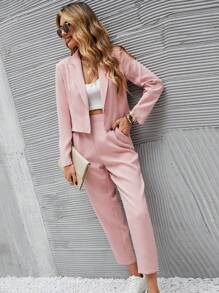 Chiquease Ladies" Pink Short Blazer Jacket And Pleated Front Pocket Straight Leg Pants Suit Fall Cloth For Women
