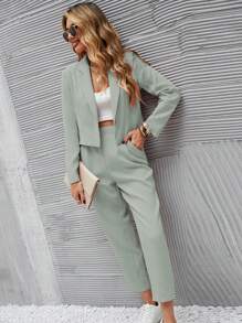 Chiquease Ladies" Mint Green Short Blazer And Front Pleated Trouser Suit With Pockets