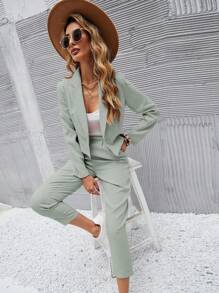 Chiquease Ladies" Mint Green Short Blazer And Front Pleated Trouser Suit With Pockets