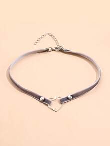 1pc Fashionable Velvet Gothic Heart Choker Necklace With Rivet Detail - Grey - View 2