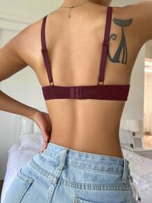 Women's Maroon Casual Comfy Plunge Push Up Bra Medium Stretch Plain Fabric Backless - Maroon - View 2