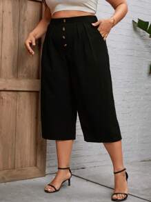SHEIN LUNE 大碼前紐扣闊腿七分褲 - 黑色 - 查看 1
