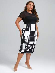 SHEIN Clasi 大碼優雅網拼接 透膚 開衩幾何連衣裙 - 黑與白 - 查看 4