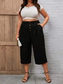 SHEIN LUNE 大碼前紐扣闊腿七分褲 - 黑色 - 查看 6