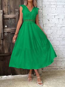 SHEIN VCAY Guipure Lace Panel A-line Dress - Green - View 5