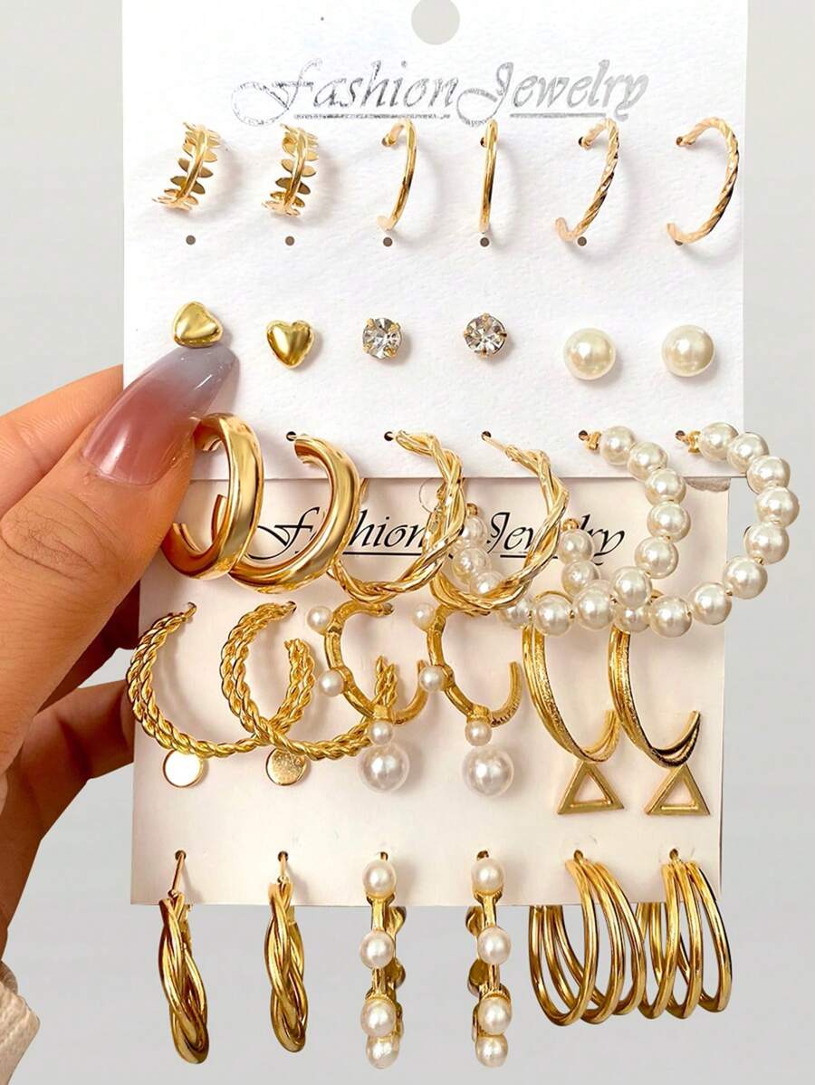 30入組心和樹葉形狀耳環套裝適用於完美適用於約會和度假 - 金黃色 - 查看 1