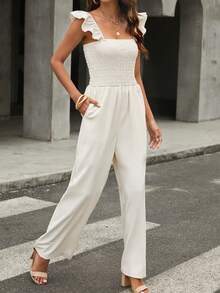 DOKOTOO Ruffle Trim Wide Leg Jumpsuit - Apricot - View 3
