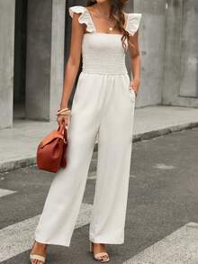 DOKOTOO Ruffle Trim Wide Leg Jumpsuit - Apricot - View 4