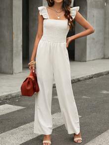 DOKOTOO Ruffle Trim Wide Leg Jumpsuit - Apricot - View 5