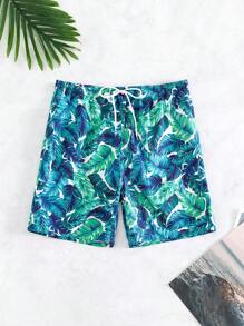 Manfinity Swimmode Men Tropical Print Drawstring Waist Swim Trunks - Multicolor - View 1