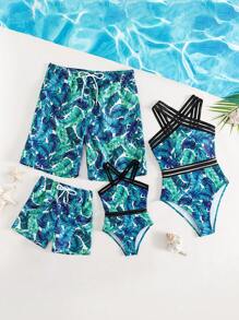 Manfinity Swimmode Men Tropical Print Drawstring Waist Swim Trunks - Multicolor - View 3