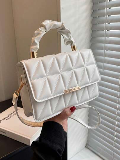 Moderna Bolsa Tote Plegable Para Mujeres Con Diseño De Costura Y Plisados En Color Sólido Con Patrón De Diamante, Usable Como Bolso De Hombro O Cruzado, Fabricado En PU