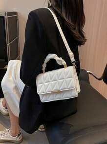 時尚的女士單色菱形圖案可摺疊手提包,帶拉練和褶皺設計,可當做肩背包或斜跨包使用,採用pu皮革製成 - 白色 - 查看 8