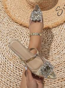 寬版魅力四射穆勒平底鞋適用於女士水鑽和搭扣裝飾一腳蹬平底鞋 - 香檳色 - 查看 1