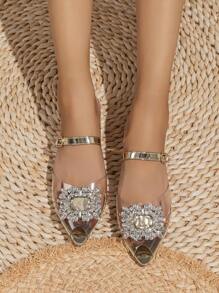 寬版魅力四射穆勒平底鞋適用於女士水鑽和搭扣裝飾一腳蹬平底鞋 - 香檳色 - 查看 4