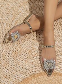 寬版魅力四射穆勒平底鞋適用於女士水鑽和搭扣裝飾一腳蹬平底鞋 - 香檳色 - 查看 5