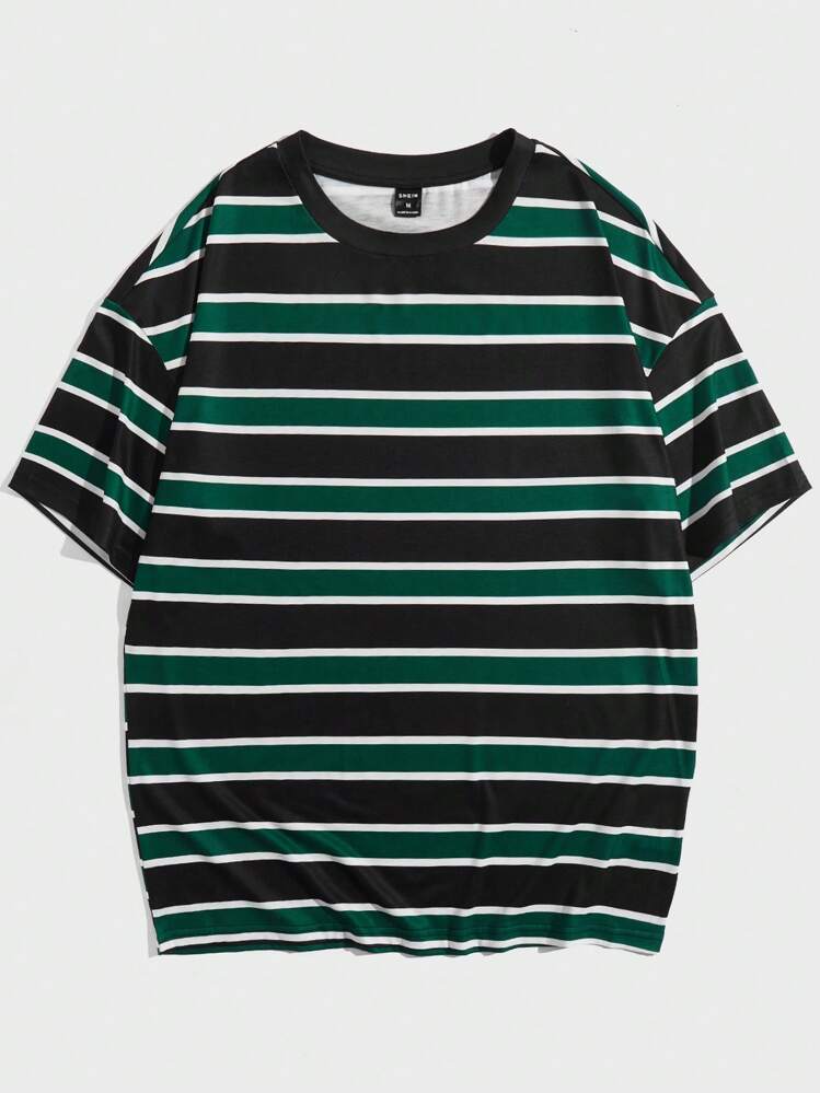 Manfinity BRENVOR Camiseta casual con hombros caídos y estampado de rayas para hombre - Verde Oscuro - Añade 1