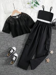 SHEIN Tween Girl Solid Cami Top & Flap Pocket Side Pants & Fishnet Top - Black - View 1