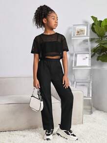 SHEIN Tween Girl Solid Cami Top & Flap Pocket Side Pants & Fishnet Top - Black - View 7