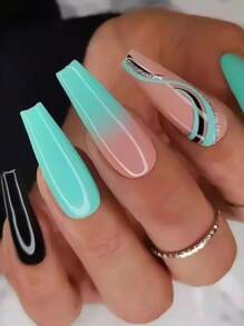 提升你風格帶24入組長款棺材藍色漸變線金蔥粉條紋圖案假指甲和1張膠帶和1入組指甲銼 - 彩色 - 查看 1