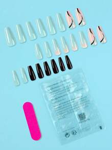 提升你風格帶24入組長款棺材藍色漸變線金蔥粉條紋圖案假指甲和1張膠帶和1入組指甲銼 - 彩色 - 查看 2