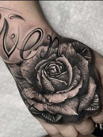 1 st svart blommig tillfällig tatuering klistermärke med ros, engelsk bokstav för arm/hand