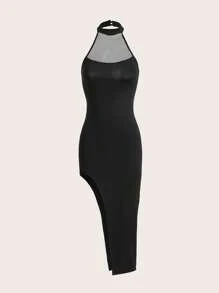 SHEIN ICON Contrast Mesh Asymmetrical Hem Halter Neck Backless Bodycon Dress - Black - View 1