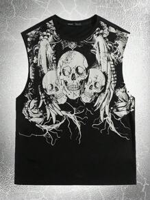ROMWE MEN Goth 男士棉骷髅頭圖案背心上衣 - 黑色 - 查看 1