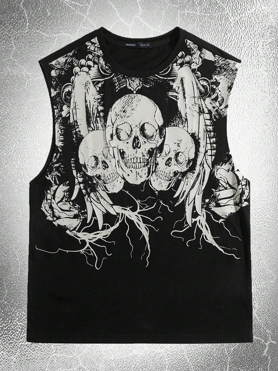 ROMWE MEN Goth 男士棉骷髅頭圖案背心上衣 - 黑色 - 查看 1