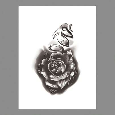 1pc Black Floral Temporary Tattoo Sticker With Rose, English Letter For Arm/hand