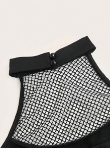 SHEIN ICON Contrast Mesh Asymmetrical Hem Halter Neck Backless Bodycon Dress - Black - View 3