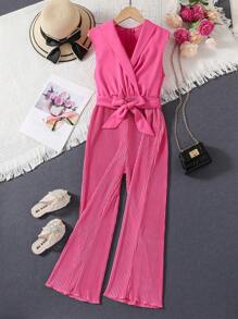 SHEIN Girls Shawl Collar Belted Wide Leg Jumpsuit - Hot Pink - View 1