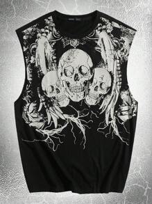 ROMWE MEN Goth 男士棉骷髅頭圖案背心上衣 - 黑色 - 查看 5