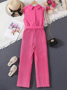 SHEIN Girls Shawl Collar Belted Wide Leg Jumpsuit - Hot Pink - View 2
