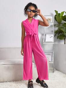 SHEIN Girls Shawl Collar Belted Wide Leg Jumpsuit - Hot Pink - View 3