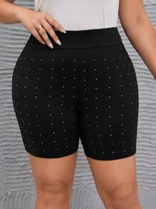 SHEIN LUNE Plus Rhinestone Beaded Biker Shorts - Black - View 4