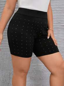 SHEIN LUNE Plus Rhinestone Beaded Biker Shorts - Black - View 3