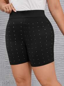 SHEIN LUNE Plus Rhinestone Beaded Biker Shorts - Black - View 1