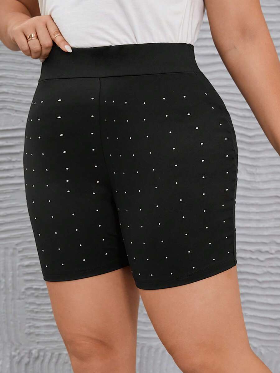 SHEIN LUNE Plus Rhinestone Beaded Biker Shorts - Black - View 1