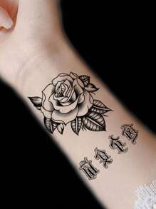 Pegatina de tatuaje floral de rosa con letras inglesas en los dedos, fresco y sencillo diseño para la parte trasera de la mano - Negro - Ver 3