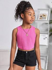 SHEIN Girls Solid Crop Tank Top - Hot Pink - View 1