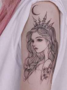 件美麗女士手臂花卉、月亮和女神黑色臨時紋身