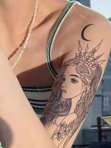 件美麗女士手臂花卉、月亮和女神黑色臨時紋身