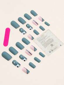 用24入組長方形花朵和葉子條紋啞光印花假指甲和1張膠帶和1入組指甲銼升級您造型 - 彩色 - 查看 2