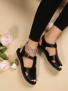 Women Cut Out Ankle Strap Sandals, Elegant Summer Flat Sandals - Black - View 2