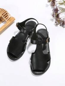 Women Cut Out Ankle Strap Sandals, Elegant Summer Flat Sandals - Black - View 4
