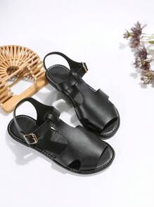 Women Cut Out Ankle Strap Sandals, Elegant Summer Flat Sandals - Black - View 5
